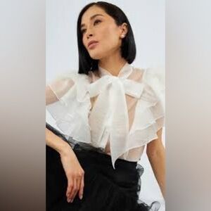 WoWo Sheer White Ruffle Sleeve Blouse Bow Tie Neck Size 1XL NWT